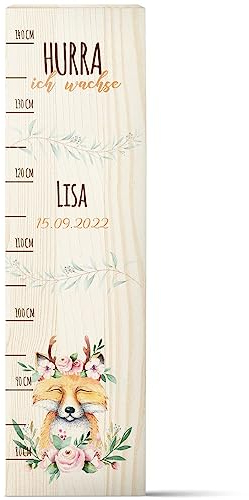 GRAVURZEILE Messlatte für Kinder aus Holz - Fuchs Design - mit Namen & Datum für Kinderzimmer - Skala misst 80-140 cm - Größe 20 x 70 x 2 cm - Geschenk zur Geburt für Mädchen & Jungen