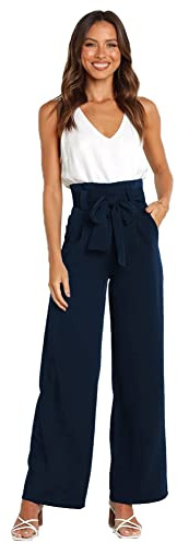 Odizli Pantalon long et large pour femme - Élégant - Taille haute - Avec ceinture, bleu marine, M