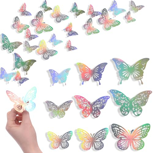 Wolancy 72 Pcs Schmetterling Wanddekoration, 3 Styles 3 Größen 3D Glänzend Silber Schmetterling, Geburtstag Party, Hochzeit Dekorationen, Geschenk-Box Mädchen Schlafzimmer Dekoration