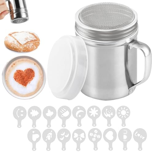 Chocolate Shaker with Handle Stainless Steel Duster Dredges Cans Coffee Sprinkles Powder Set Cinnamon Powder Sifter with 16 Coffee Molds Stencils for Kitchen Baking Cooking Cappuccino Coffee Latte