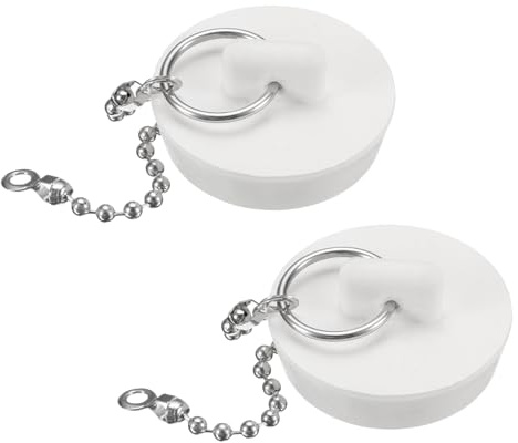 QUARKZMAN 2 Pcs Tapones para Bañera Tapones de Goma para Fregadero de Cocina de 1-3/8 Tapón de Desagüe de Baño con Anilla de Extracción y Cadena de Cuentas de 15 Blanco