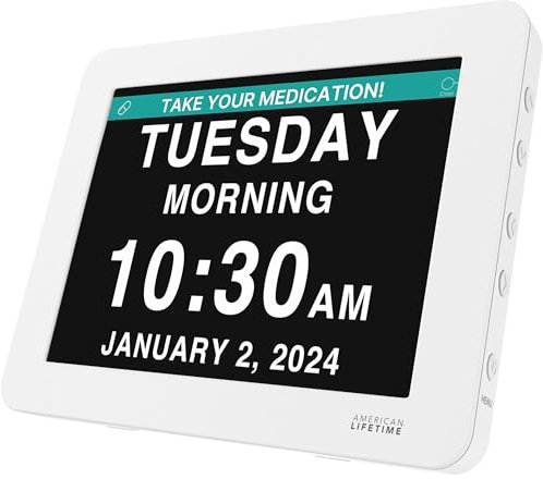 American Lifetime Orologio digitale per anziani, con grande display digitale con allarmi personalizzati, con giorno e data, per anziani, numeri grandi, colore bianco