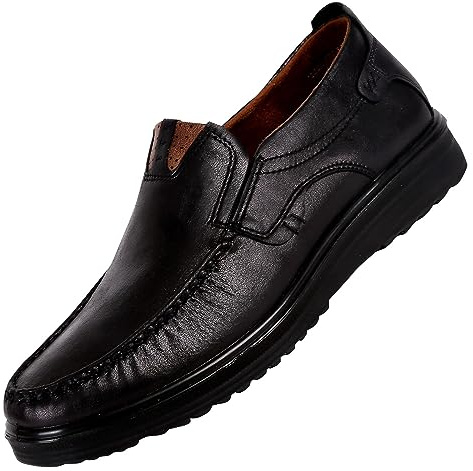 Mocasines casuales de cuero para hombre, antideslizantes, sin cordones, suela de goma, ligeros, transpirables, cómodos, zapatos de vestir de negocios, Black, 42.5 EU