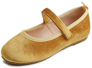Feversole Girls Cute Dress,Ragazze Mary Jane Strap Scarpe Basse Ballerine da Principessa Scarpe da Scuola Piatte Giallo Velvet 35 EU