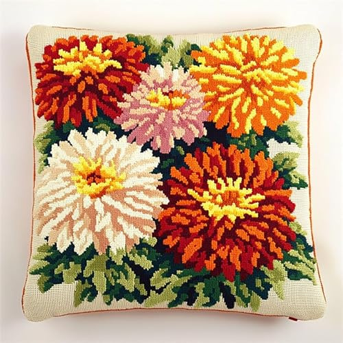 AxiangziK Kit Gancio di Chiusura per Cuscino Fai-da-Te,Crisantemi colorati,Artigianato Facile da Imparare per Kit Tappeto con Gancio di Chiusura per Cuscino,43x43cm