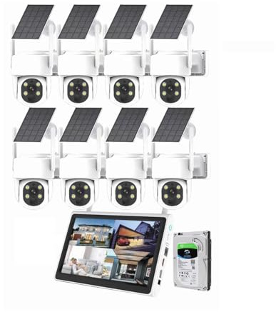 AKAVIG Kit de cámara de vigilancia solar inalámbrica WiFi de 4 MP con monitor y disco duro 2T, sistema NVR de seguridad PTZ de energía solar para exteriores con audio bidireccional, control remoto por