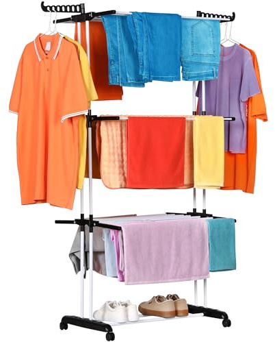 NK Etendoir Linge Interieur-Exterieur Pliable à 4 Niveaux - 6 Plateaux Rétractables + 2 Ailes Latérales avec Support pour Cintres + Porte-Chaussures, roulettes 360°, Couleur Noir-Blanc (19m de Linge)