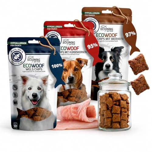 ECO Woof Chips Mix 3 x 125g | Friandises pour Chien Naturelle | Poisson à la levure de bière, Nature et potiron | Snack Chien hypoallergénique | Dressage, Barf, récompense | Soins dentaires naturels