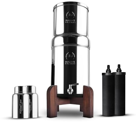 Phoenix Gravity - 6 liters bänkskiva vattenfiltreringssystem, NSF-certifierad, rostfritt stål AISI 304, med 2 smarta kol- och POSTREAT patroner och trästativ