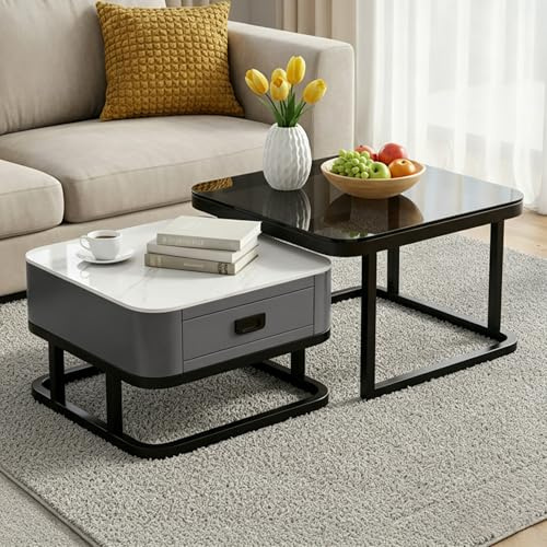 Generisch Couchtisch Quadrat 2er Set, Moderne Wohnzimmertisch mit Stauraum, Tischplatte aus Glas Kaffeetisch Metallgestell Satztisch Sofatisch für Wohnzimmer, Balkon und Büro