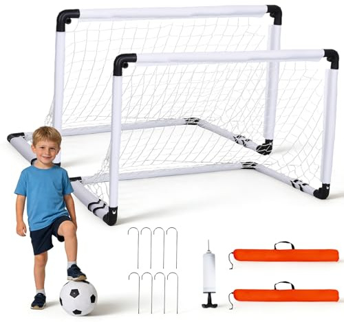 Krovtoy Juego de 2 Porterías de Fútbol Plegables para Niños, 90x60cm Kit Completo Balón Bomba 8 Estacas, Ligero 1,5kg Estable, Interior Exterior Jardín Parque Infantil