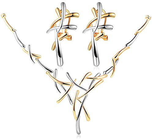 Epinki Parure Collana Orecchini, in Acciaio Inox, Rami d'albero, Orecchini e Collana, Set Gioielli Donna, 43 + 5,5 CM, Argento Oro