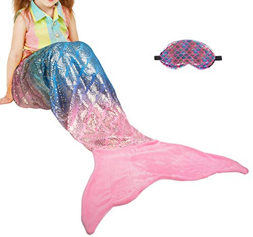 Catalonia Classy Couverture de queue de sirène pailletée pour enfants, sac de couchage en polaire en peluche douce et chaude pour les filles et les adolescents, 155 x 48 cm, arc-en-ciel ombré