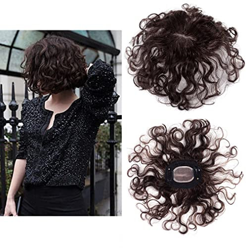 Eree Hair Handgebundenes Lockiger Echthaar-Topper für Frauen mit dünner werdendem Haar,7 x 8 cm kleine Fläche Toupet Perücke, Mono base Topper Haarteil, Clip-in-Haarverlängerung, 20,3 cm, Dunkelbraun