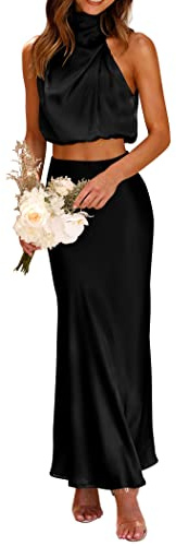 PRETTYGARDEN Women's 2 Piece Satin Outfits Summer Sleeveless Mock Neck Crop Tops and Long Skirt Dress Sets (Black,Small)