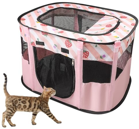 WAKERUG Foldable Pet Playpen, Portable Dog Cat Kennel Cage, Indoor/Outdoor Pop up Pet Tent Fence, Rectangle Delivery Room Pets Tent for Puppy Dog Kitten Cat, Pink