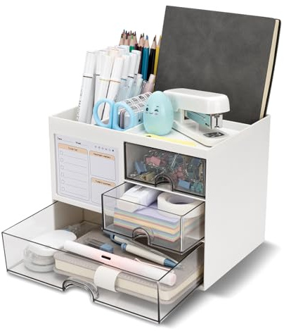 RISEMART Organiseur de bureau avec 3 tiroirs, porte-stylos multifonctionnel pour bureau et rangement avec 5 compartiments, pour bureau, maison, fournitures artistiques