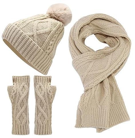 Zannycn Damen Winter Warm Mütze Handschuhe Schal Set Strickmütze Mit Bommel Fleece Gefütterte Weiß Winterschal Touchscreen Handschuhe Thermo Wintermütze Handschuhe Unisex Ski 3-in-1 Winter-Set