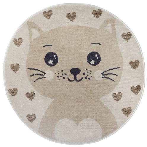Hanse Home Adventures Tapis pour Enfant Rond – Motif cœur de Chat, Motif cœur Animal garçon et Fille pour Chambre d'enfant, Salle de Jeux, Chambre d'adolescent, Salon – Crème Beige, 100 cm