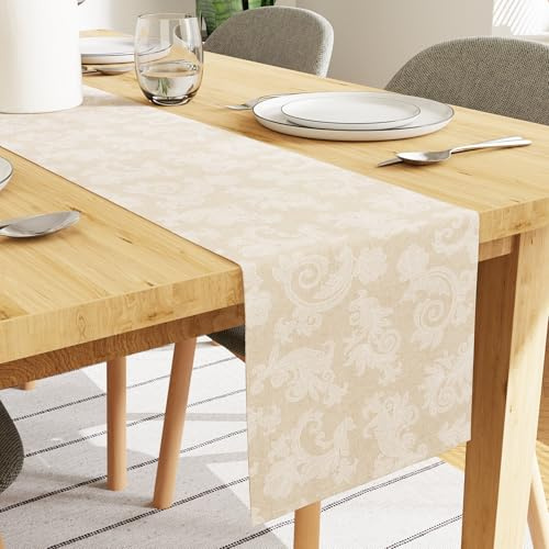 Encasa XO Runner de Table à Manger pour 4 Seater i Taille 32x150 cm | Impression de Style Jacquard Floral Beige sur Le Coton Homespun | Couleurs Rapides, Lavable en Machine