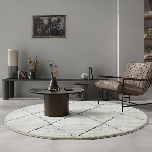 the carpet Bahar Shaggy eleganter Designer Teppich Wohnzimmer, weicher & pflegeleichter Hochflor Wohnzimmerteppich in Creme-Schwarz 160 cm Rund