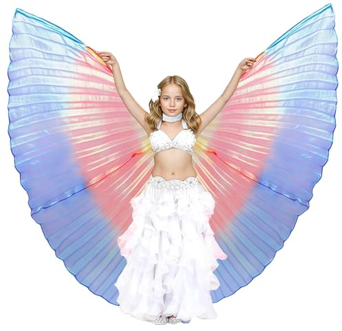 Baisdan Ali di Danza del Ventre per Bambini, Ali di Iside, Ali di Farfalla con Asta Telescopica per Danza del Ventre, Carnevale, Palcoscenico, Festa di Natale Arcobaleno