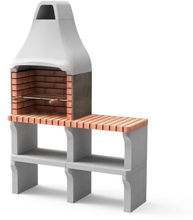 MOVELAR - Barbecue préfabriqué à bois et charbon en béton réfractaire modèle New Iberia Plus XL avec mini support latéral (Gris, Orange - 128 x 47 x 190 cm) REF: M00196 - Cuisine extérieure jardin