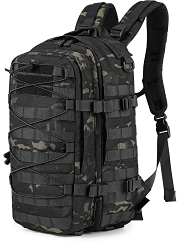 Explokit 25 L Sac à Dos Tactique Sac Militaire Molle Sac à Dos Voyage Survie Materiel Militaire pour Randonnée Camping Voyage Travail Chasse pour Hommes et Femmes (#02-Camouflage Noir)