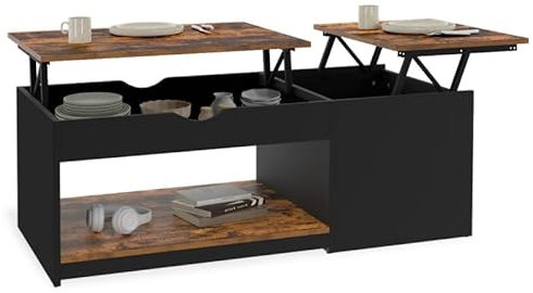 IDMarket – Mesa baja con 2 bandejas elevables ELEA con baúl de madera oscura efecto envejecido y negro