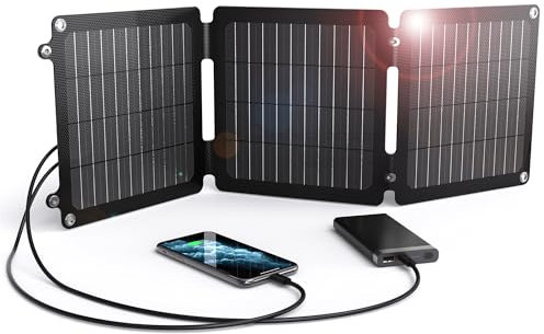21W Cargador Solar Portátil, BigBlue Panel Solar Plegable con 2 Puertos USB-A y USB-C (5V/4,2A MAX), IP68 Cargador de Panel Solar Pequeño Compatible con Celular, Tableta, Power Bank para Acampar