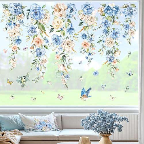 wondever Window Clings Decals Blue Peony Hanging Vine Flower Glass Sticker | Vinyl Static Cling, Anti Collision, Double-Sided, Reusable Removable, Easy to Apply, Decorative, for Window Glass Door Home