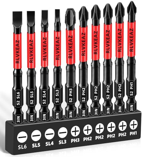 RLVKEAZ 3-Inch Long Magnetic Screwdriver Bit Set, Phillips Slotted, 10-Pack