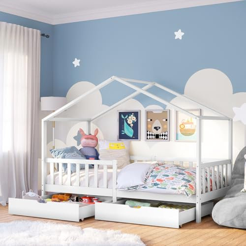 Bellabino Bia Kinderbett 90x200 cm – Hausbett mit Rausfallschutz, Lattenrost & 2 Schubladen – Montessori Kinder Bett aus Massivholz Kiefer – Bett für Jungen und Mädchen mit Stauraum in Weiß