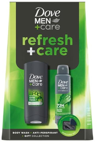 Dove Men+Care Refresh and Care Gift Set for Him, Extra Fresh Body Wash, Deodorant and Grooming Tools, 3-in-1 Skincare and 72H Protection, Self-Care Gift for Men with Manicure Kit