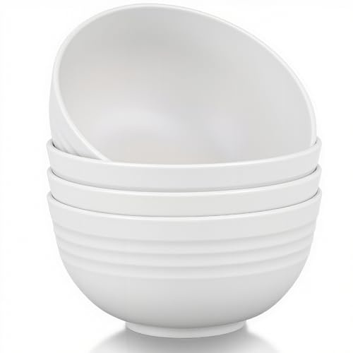 GZTFPQ Juego de 4 cuencos para cereales, color blanco, sin BPA, microondas | Cuencos reutilizables ligeros para arroz, sopa de fideos, ensalada, fruta y aperitivos para uso diario en el hogar