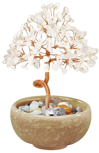 VLYX Clear Quartz Crystal Tree of Life, Crystal Money Tree | Handmade Clear Quartz Tree, Natural Crystal, Desk Ornament, Room Decor, Crystal Gifts, Good Fortune, Positive Energy
