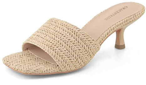 GRACESTRIDE Raffia Kitten Heels for Women Woven Square Toe Mules Slip On Slide Sandals Summer Dress Shoes for Beach Vacation and Casual Outfits(7,Nude)