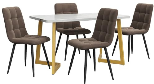Cenbunsh Grupo de comedor,(juego,117×68cm mesa de comedor con 4 sillas), mesa de comedor rectangular moderna juego de mesa de cocina, silla de comedor de terciopelo marrón, patas de mesa doradas