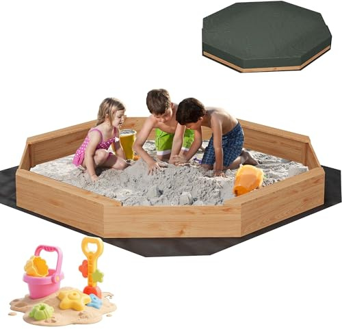 GarveeLife 82 Extra Large Wooden Octagon Sandbox with Cover and 4 Bench Seats, Outdoor Kids Sand Pit with Bottom Liner, Fits 6-8 Children, Solid Fir Wood Sandpit for Backyard, Patio, Ages 3-8