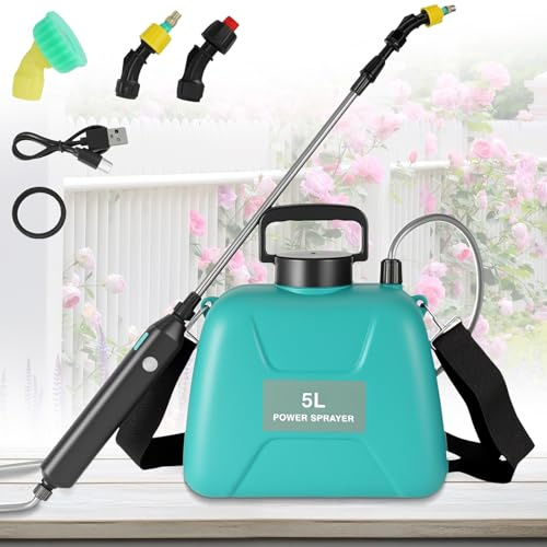 Pulverizador Electrico 5L,Sulfatadora Bateria,5 Modos de Rociado y Correa Ajustable,60 cm Varilla Pulverizadora Telescópica,Carga USB‑C,para Deshierbe, Fertilización y Riego