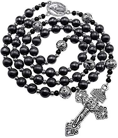 Nazareth Store Herren-Rosenkranz-Halskette aus schwarzem Hämatit, 10 mm, mit Metallperlen Our Father Beads Miraculous Medal & Our Pardon Cross, 50,80 cm, Zink, Kein Edelstein
