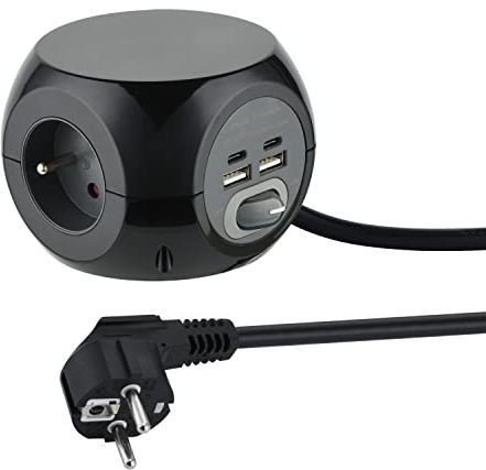 Electraline 35441 Mini Cube avec 4 Ports USB 3.4A (2 type A + 2 type C), Bloc 3 Prises avec Interrupteur, Rallonge Multiprise 3M