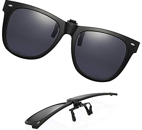 OopsMi Clip-on Sunglasses Polarized Extra Large Unisex Anti-Glare Driving Glasses With Flip Up for Prescription Glasses (Black Lens)
