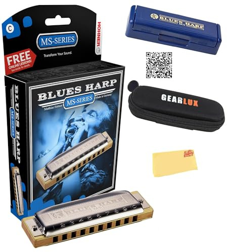 Hohner 532 Blues Harp MS Harmonica - Key of C Bundle with Case, Pouch, Austin Bazaar Online Manual, and Polishing Cloth