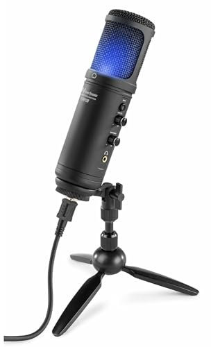 Power Dynamics PCM120 microfono Condensador Broadcasting & Streaming con trípode de Mesa e iluminación LED, microfono USB, Ideal para Crear Contenido de Youtube, Twitch, Gaming, Podcast, Color Negro