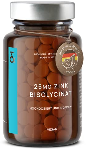 Zink 25mg - 180 Tabletten (6 Monate) - Premium Zink Bisglycinat (Zinc Chelat) hochdosiert - bioverfügbar - vegan - laborgeprüfte Herstellung in Deutschland