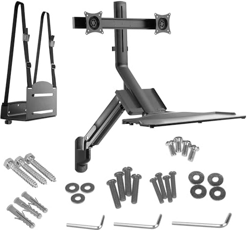 Maclean MC-633 3 in 1 Sit-stand Workstation: 2-way Monitor Bracket Wall Bracket with Keyboard Shelf and Computer Bracket Wall Bracket 17-32 inch Gas Spring