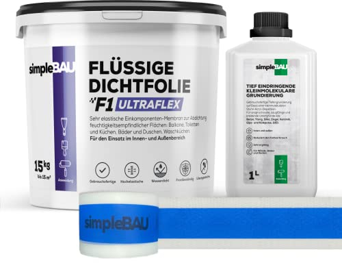 simpleBAU Flüssigfolie Dichtfolie F1 Ultraflex 15 kg + Tiefengrund 1L und Elastisches Dichtband 10M – Abdichtung für Bad, Dusche, Balkon – Wasserfest, Innen & Außen