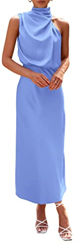 PRETTYGARDEN Women's 2025 Summer Satin Dress Elegant Sleeveless Mock Neck Cocktail Party Maxi Dresses (Blue,X-Large)