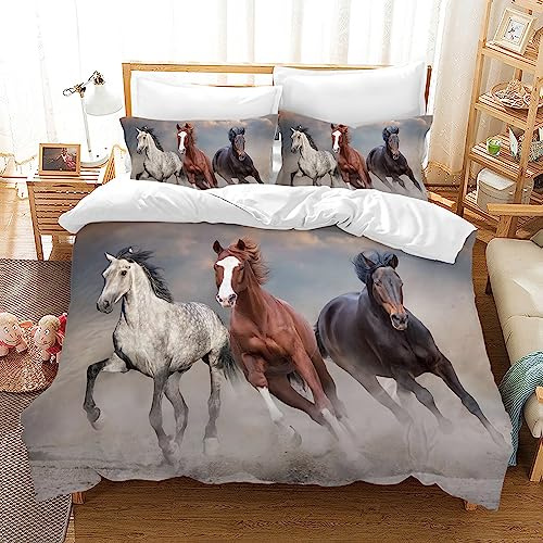 UGZDEA Set di biancheria da letto con cavalli 135x200cm, bianco, nero, marrone, set da 3 pezzi, per adulti e camera da letto (Single（135x200cm）, B)